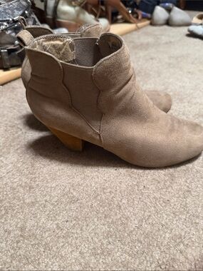 XOXO Taupe Suede Ankle Booties with Stacked Heel